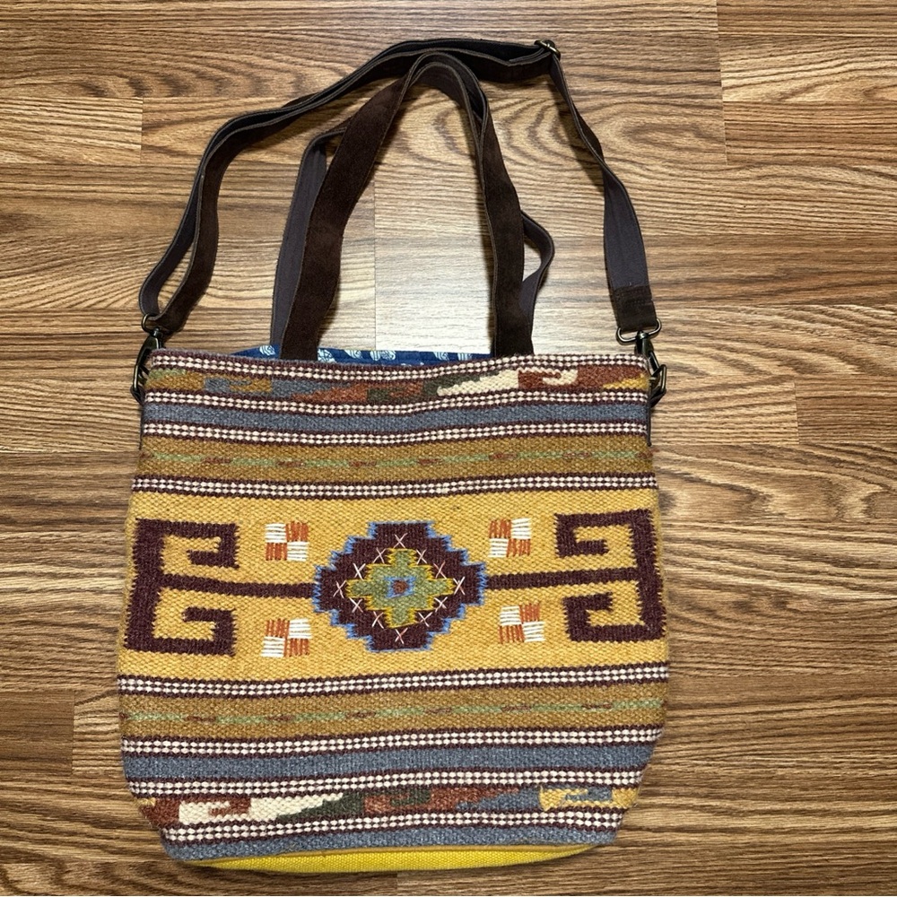 Vintage Scully Western Aztec Geometric Woven Tote Bag Leather Straps Earth Tone